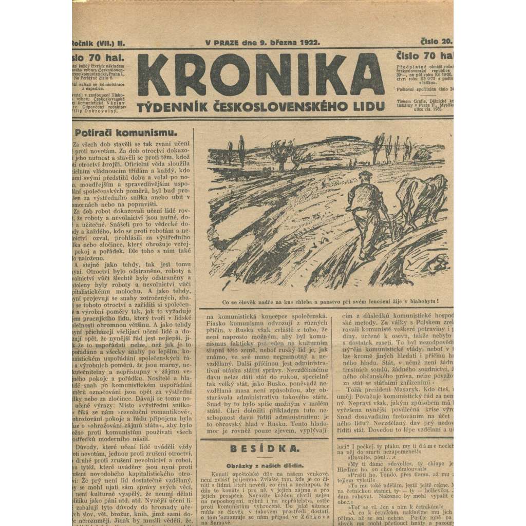 Kronika, ročník II., číslo 20/1922. Týdenník československého lidu (1. republika, noviny)