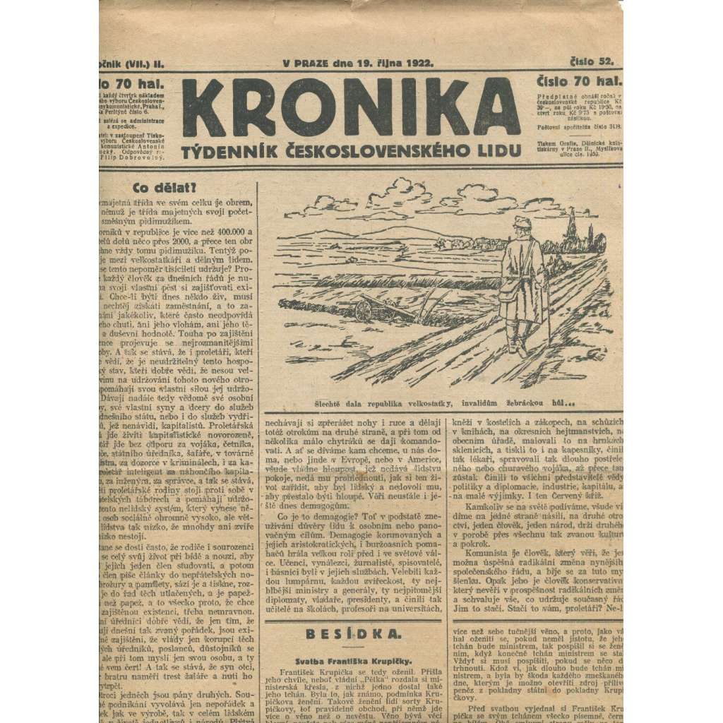 Kronika, ročník II., číslo 52/1922. Týdenník československého lidu (1. republika, noviny)