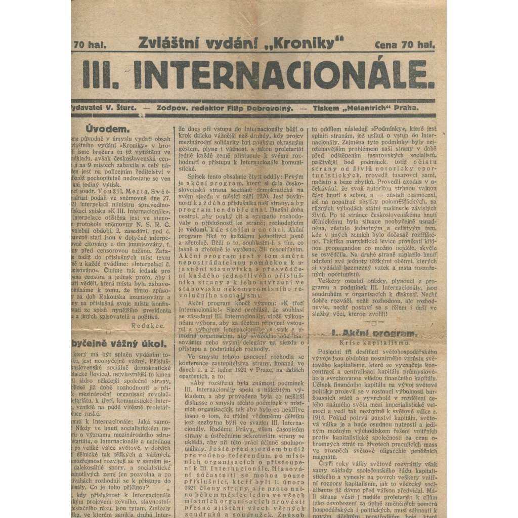Kronika, Zvláštní vydání Kroniky k III. internacionále (1. republika, noviny)