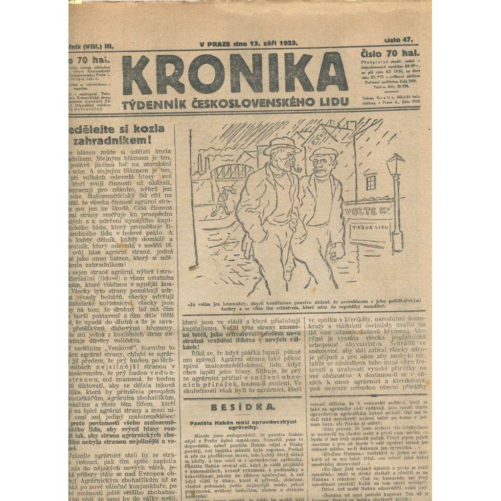 Kronika, ročník III., číslo 47/1923. Týdenník československého lidu (1. republika, noviny)