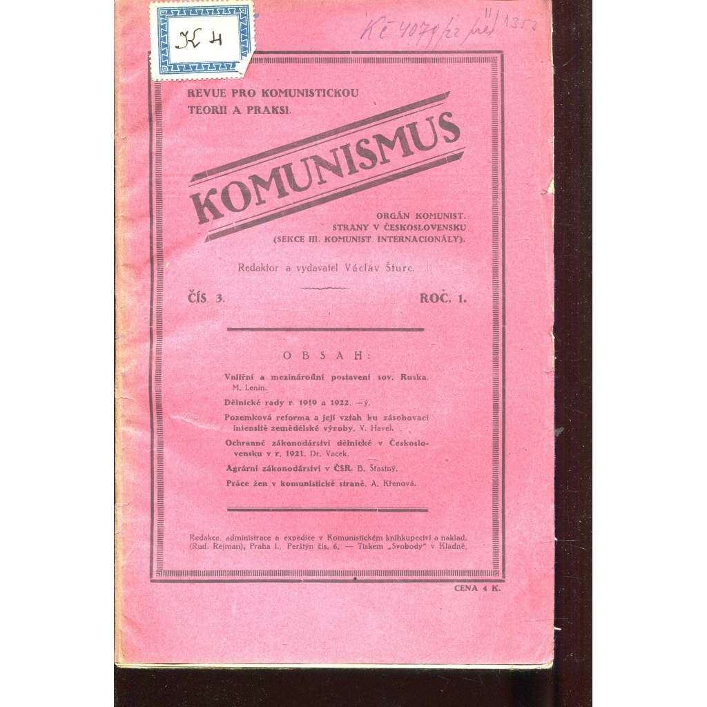 Komunismus, ročník I., číslo 3/1922. Revue pro komunistickou teorii a praxi (1. republika, noviny, časopis)