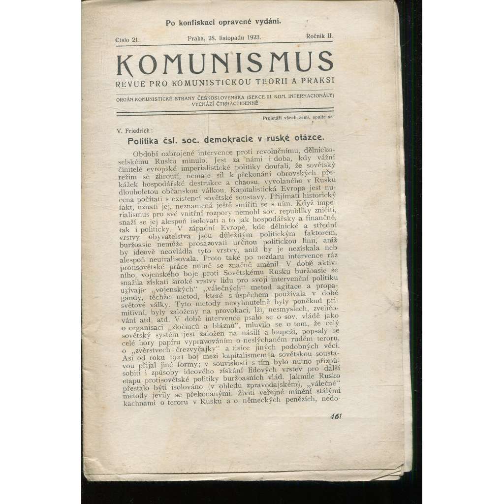 Komunismus, ročník II., číslo 21/1923. Revue pro komunistickou teorii a praksi (1. republika, noviny, časopis)