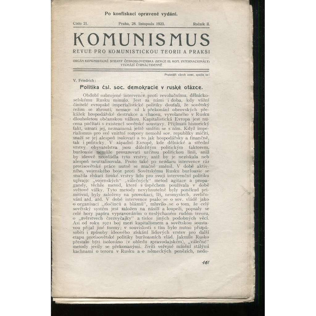 Komunismus, ročník II., číslo 21/1923. Revue pro komunistickou teorii a praksi (1. republika, noviny, časopis)