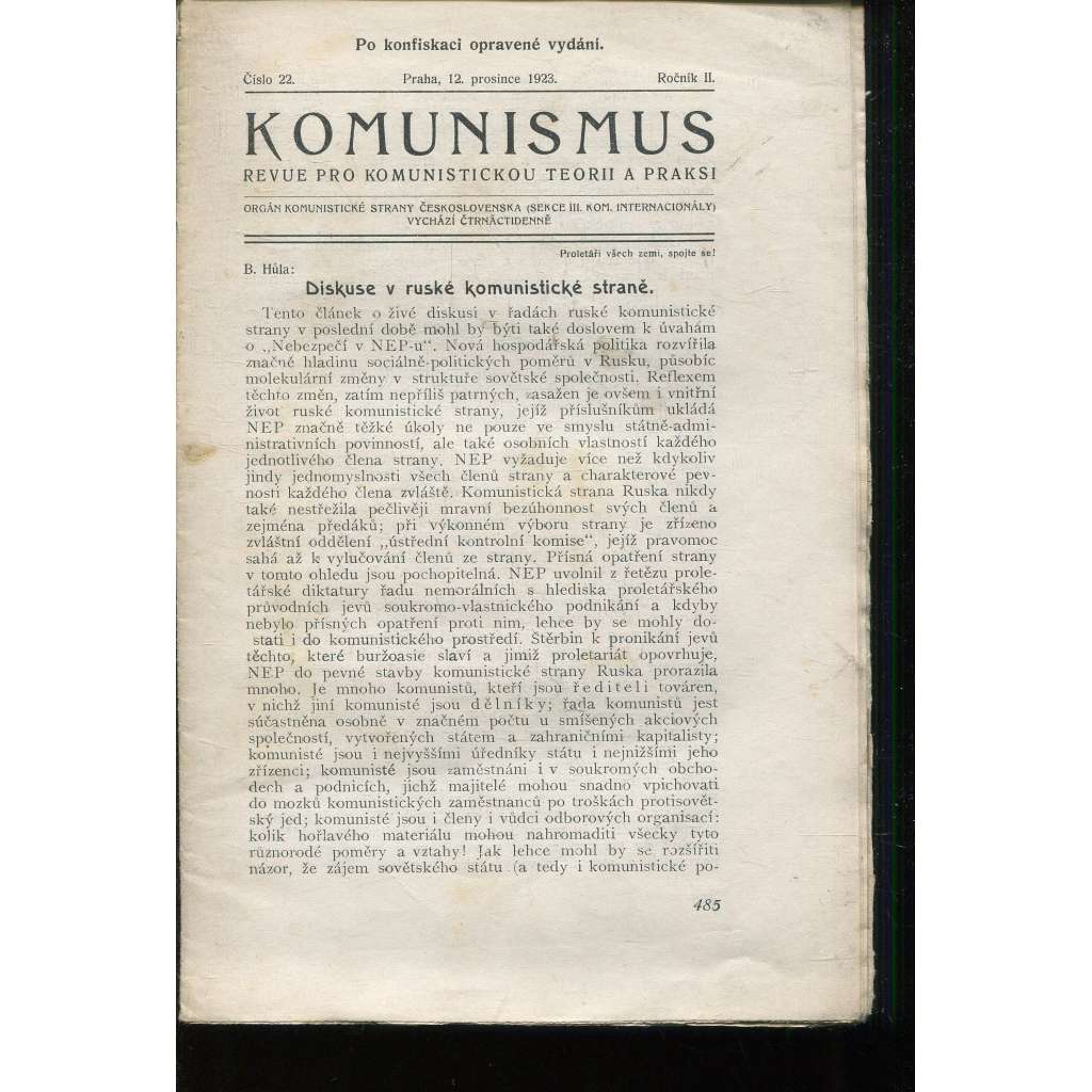 Komunismus, ročník II., číslo 22/1923. Revue pro komunistickou teorii a praksi (1. republika, noviny, časopis)