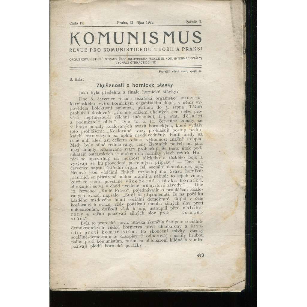 Komunismus, ročník II., číslo 19/1923. Revue pro komunistickou teorii a praksi (1. republika, noviny, časopis)