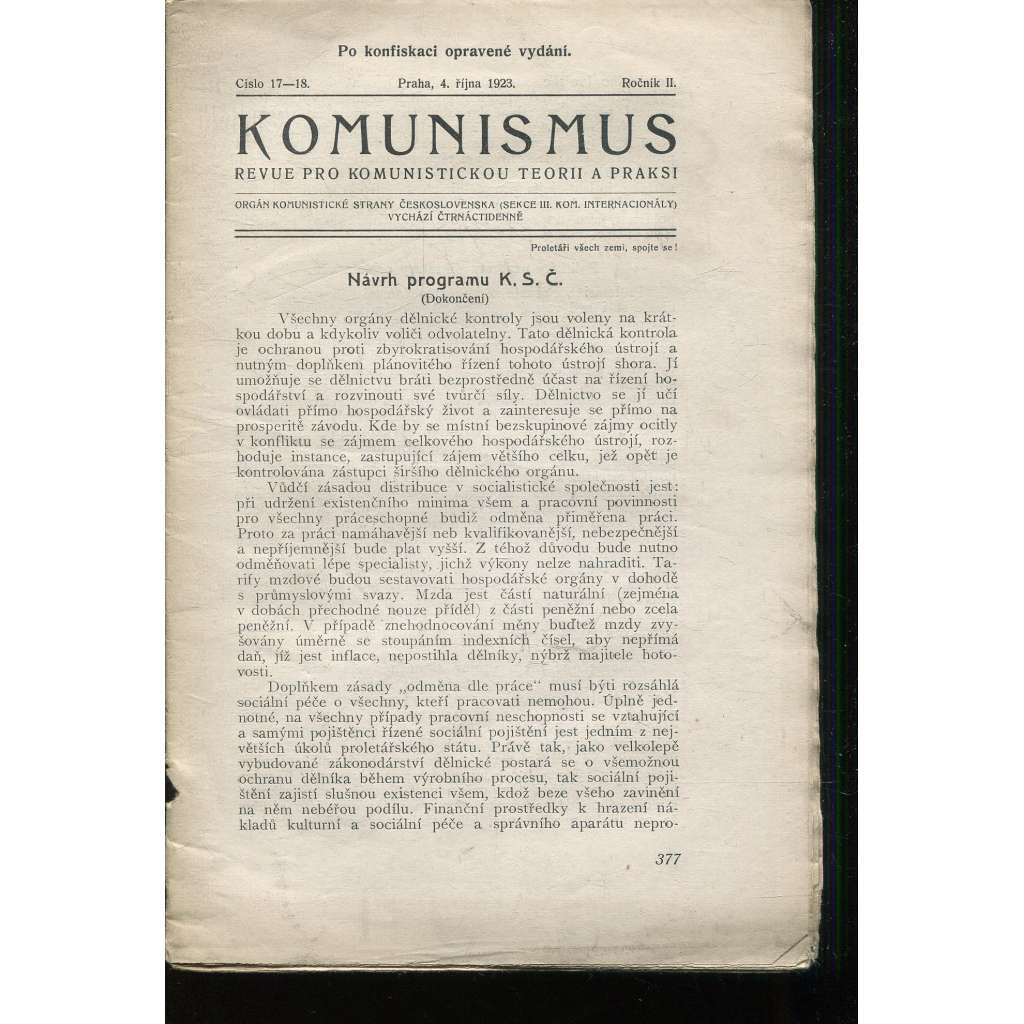 Komunismus, ročník II., číslo 17-18/1923. Revue pro komunistickou teorii a praksi (1. republika, noviny, časopis)