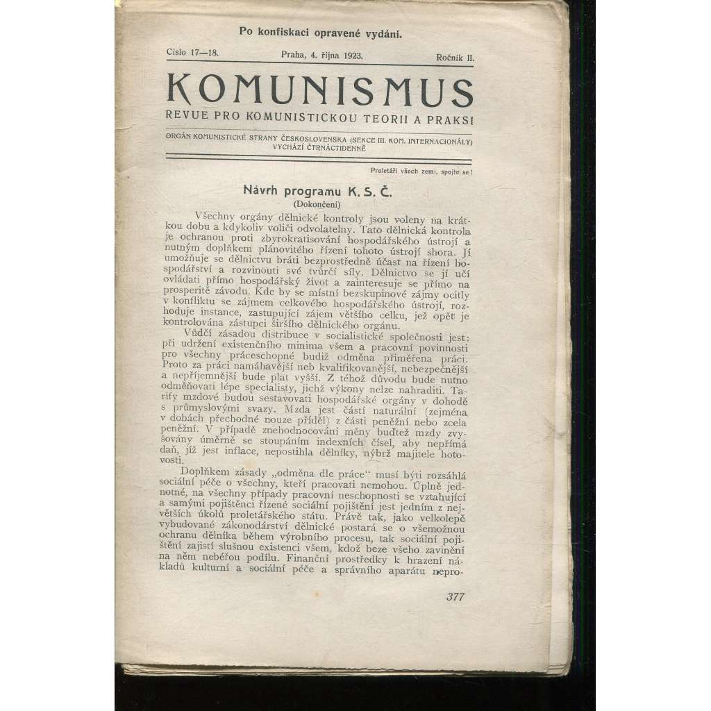 Komunismus, ročník II., číslo 17-18/1923. Revue pro komunistickou teorii a praksi (1. republika, noviny, časopis)