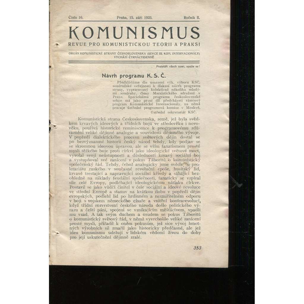 Komunismus, ročník II., číslo 16/1923. Revue pro komunistickou teorii a praksi (1. republika, noviny, časopis)