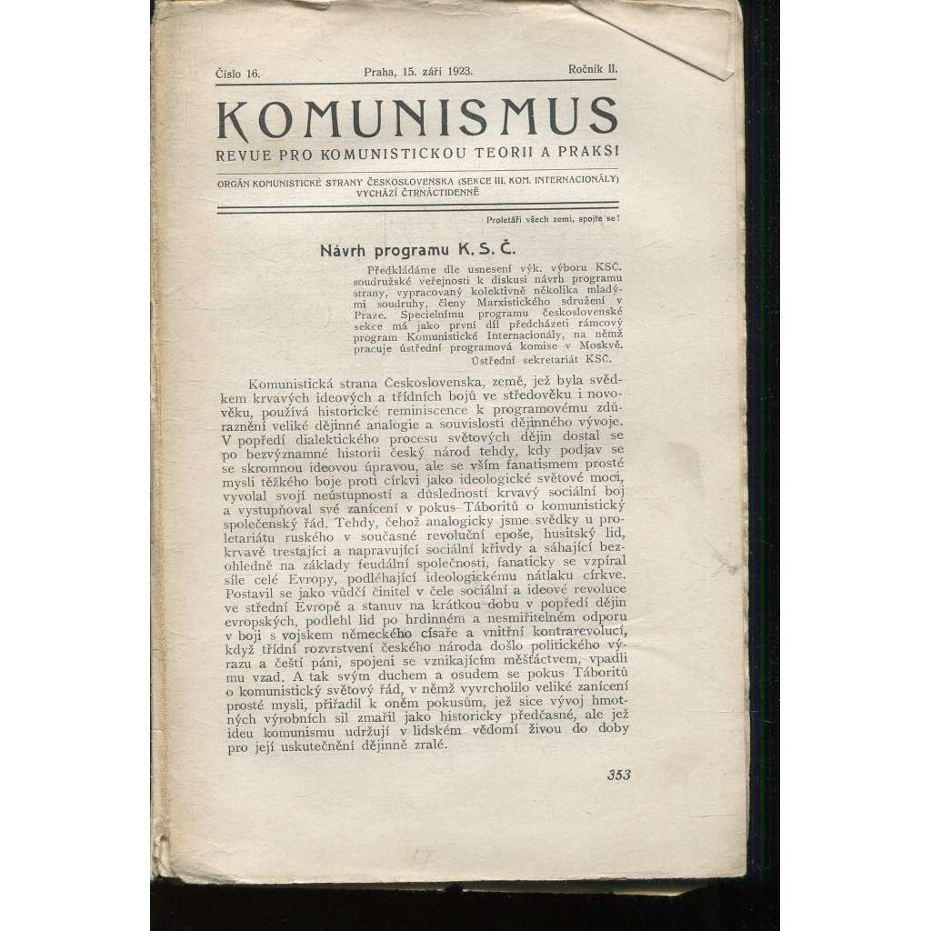 Komunismus, ročník II., číslo 16/1923. Revue pro komunistickou teorii a praksi (1. republika, noviny, časopis)
