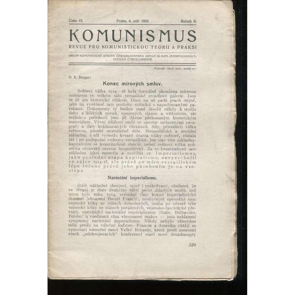 Komunismus, ročník II., číslo 15/1923. Revue pro komunistickou teorii a praksi (1. republika, noviny, časopis)