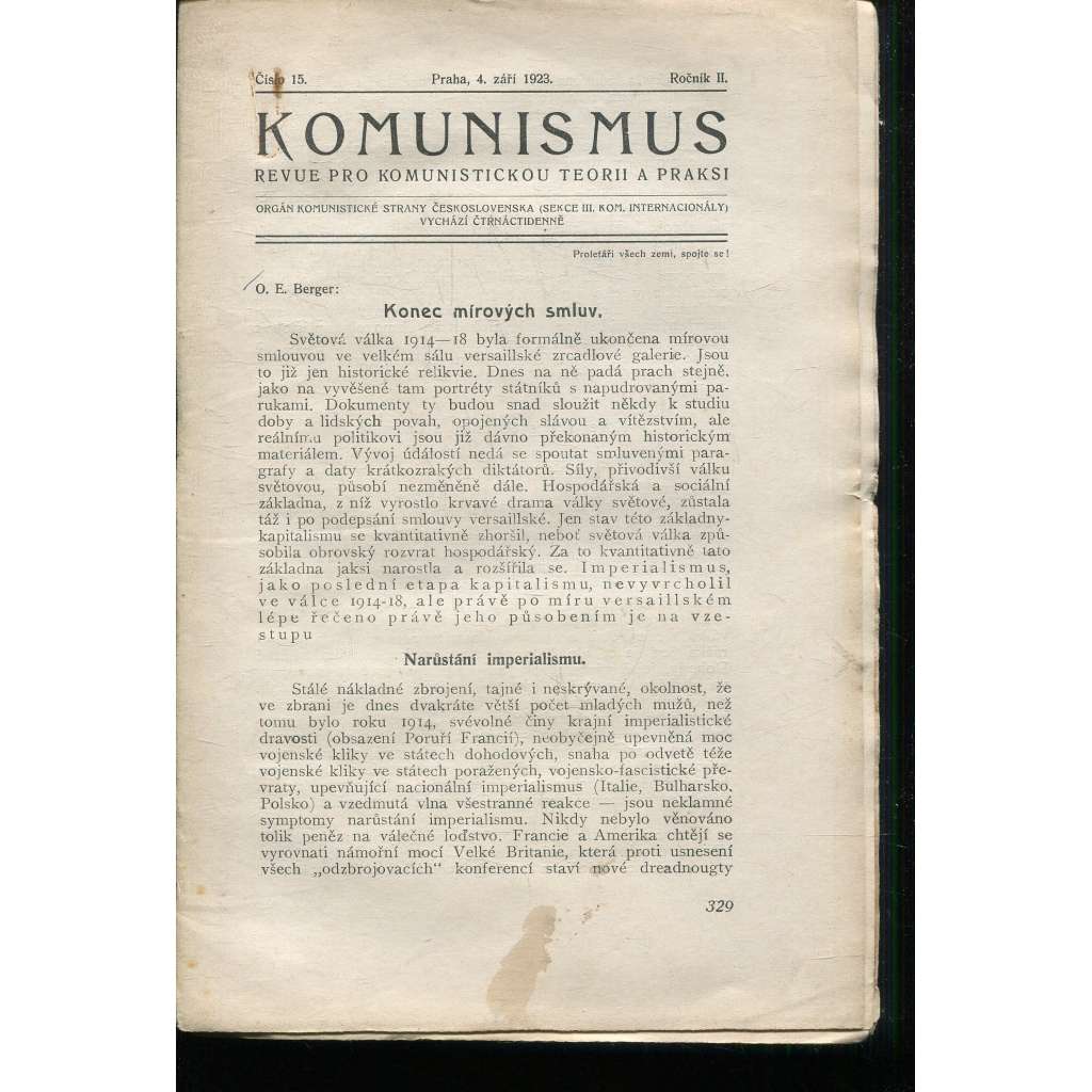 Komunismus, ročník II., číslo 15/1923. Revue pro komunistickou teorii a praksi (1. republika, noviny, časopis)