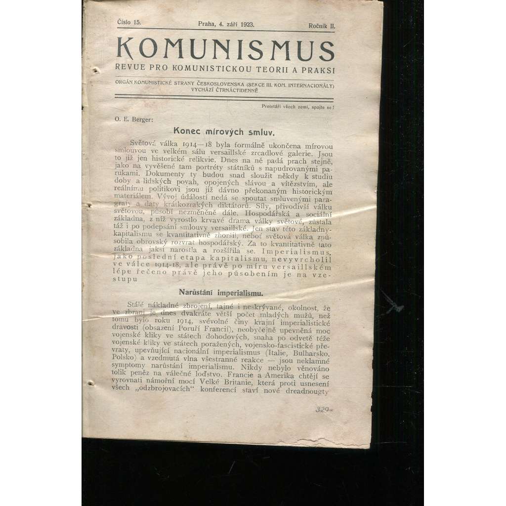 Komunismus, ročník II., číslo 15/1923. Revue pro komunistickou teorii a praksi (1. republika, noviny, časopis)