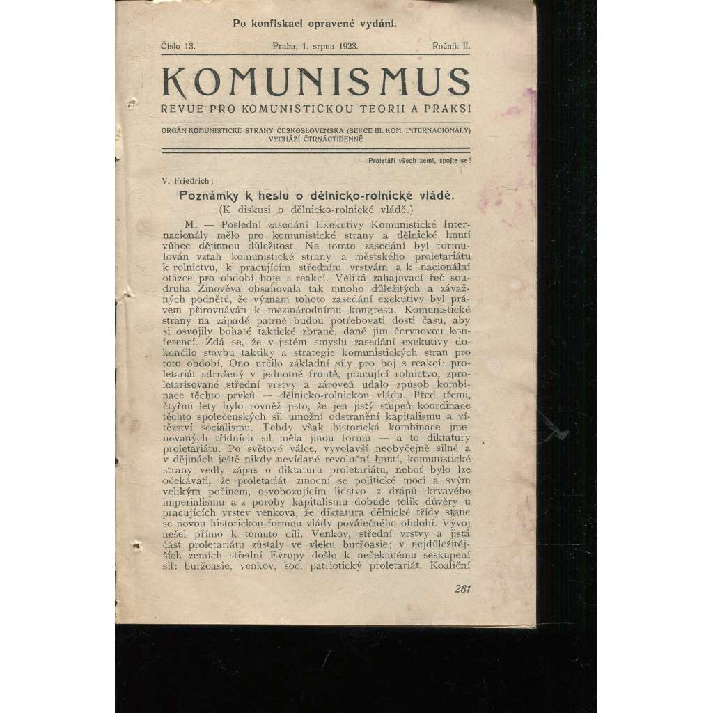 Komunismus, ročník II., číslo 13/1923. Revue pro komunistickou teorii a praksi (1. republika, noviny, časopis)