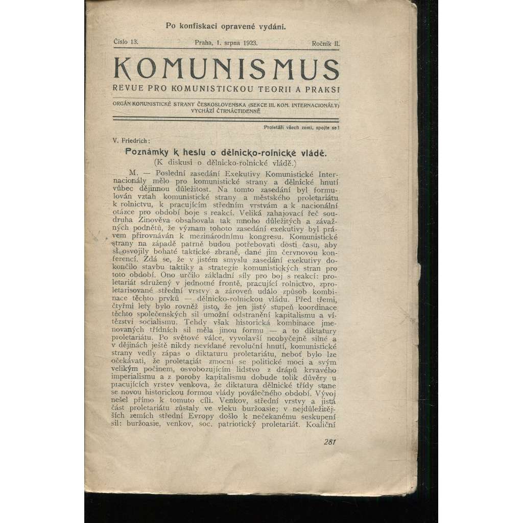 Komunismus, ročník II., číslo 13/1923. Revue pro komunistickou teorii a praksi (1. republika, noviny, časopis)