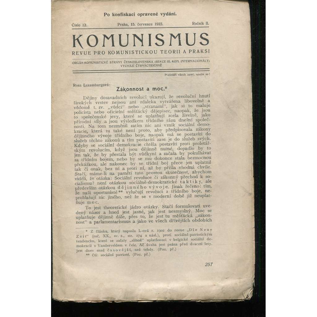 Komunismus, ročník II., číslo 12/1923. Revue pro komunistickou teorii a praksi (1. republika, noviny, časopis)