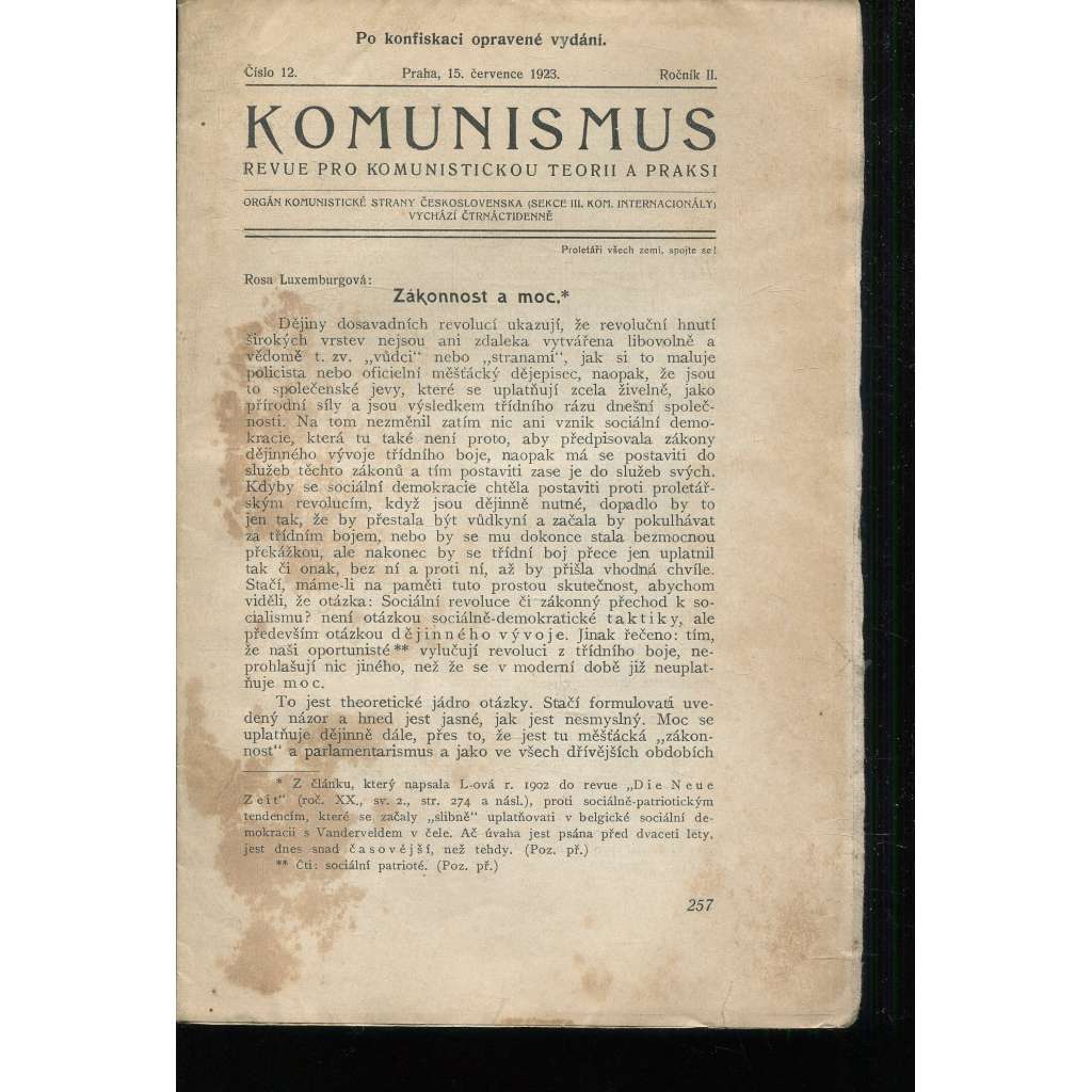 Komunismus, ročník II., číslo 12/1923. Revue pro komunistickou teorii a praksi (1. republika, noviny, časopis)