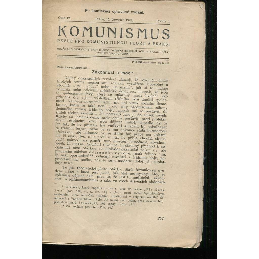 Komunismus, ročník II., číslo 12/1923. Revue pro komunistickou teorii a praksi (1. republika, noviny, časopis)