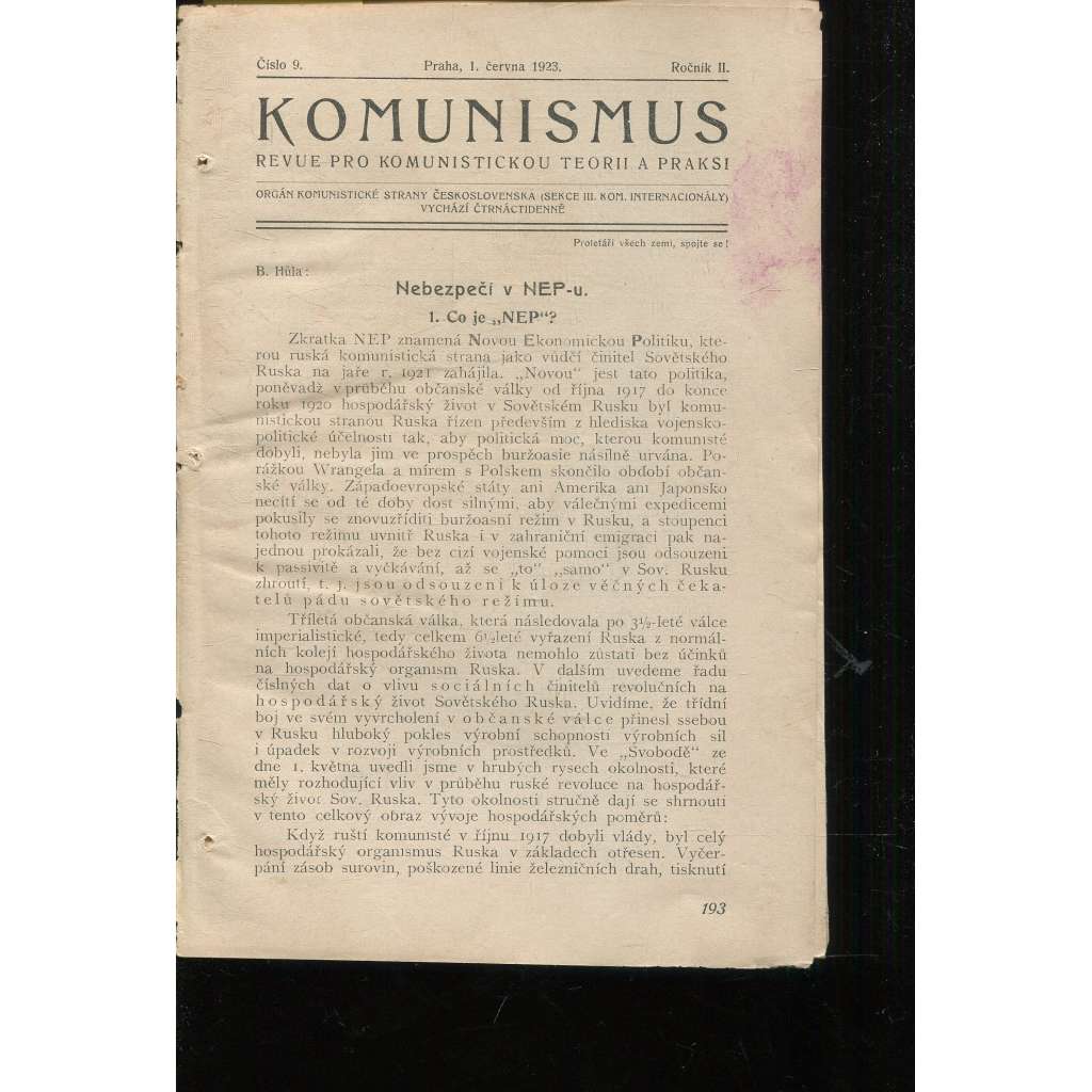Komunismus, ročník II., číslo 9/1923. Revue pro komunistickou teorii a praksi (1. republika, noviny, časopis)