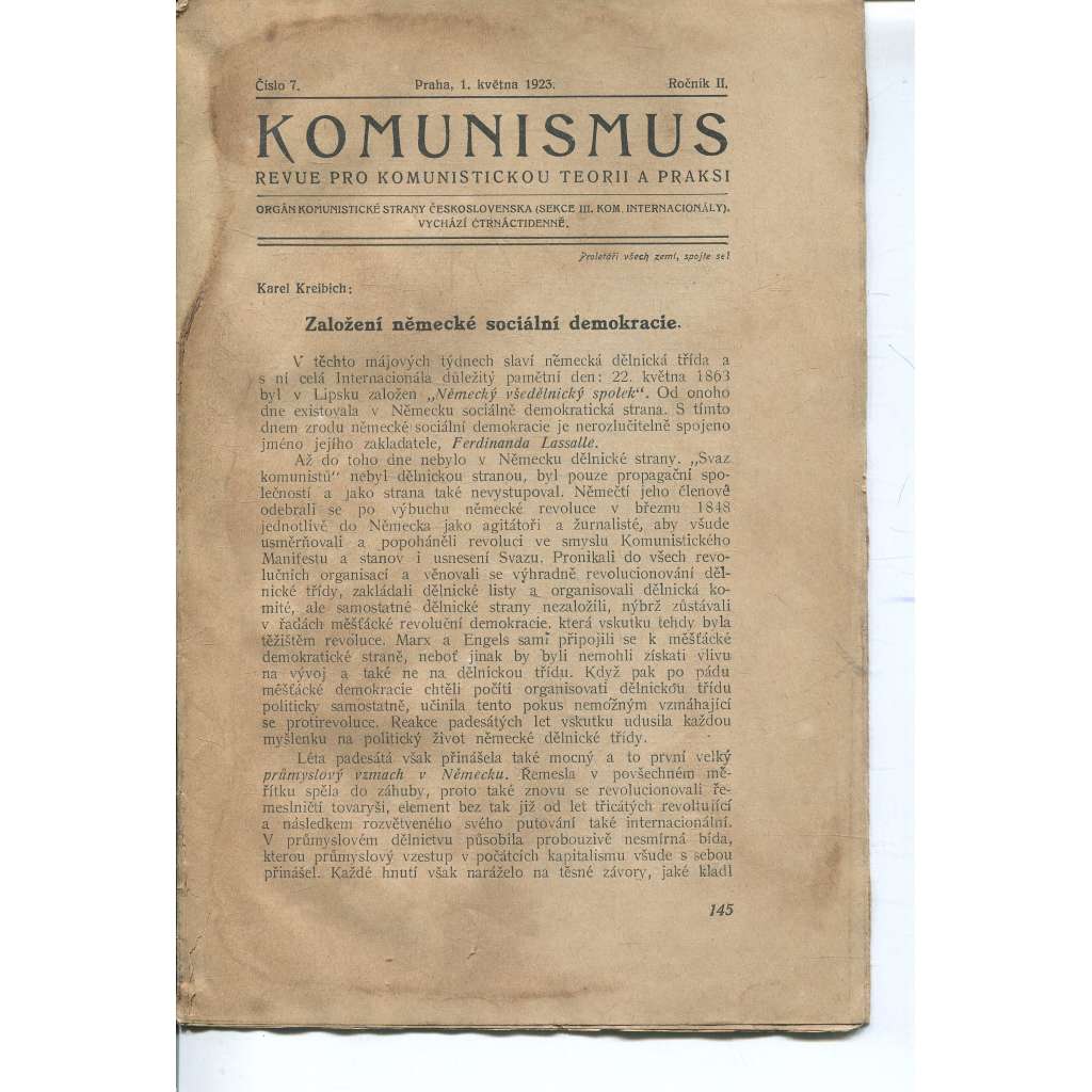 Komunismus, ročník II., číslo 7/1923. Revue pro komunistickou teorii a praksi (1. republika, noviny, časopis)