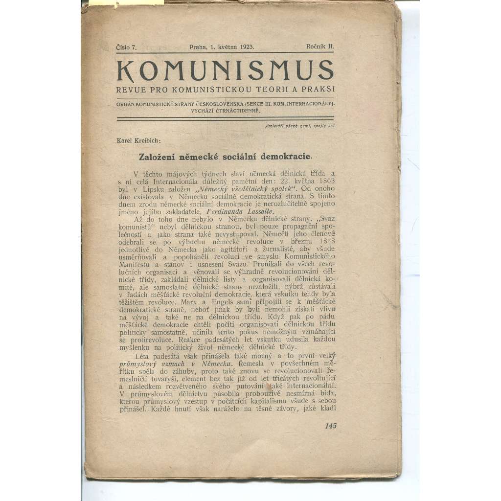 Komunismus, ročník II., číslo 7/1923. Revue pro komunistickou teorii a praksi (1. republika, noviny, časopis)