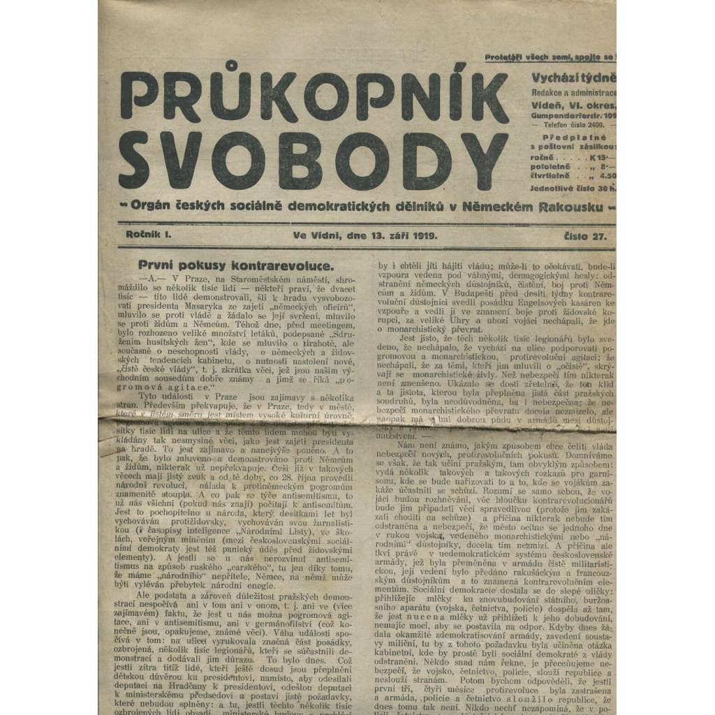 Průkopník svobody, ročník I., číslo 27/1919. Orgán českých sociálně demokratických dělníků v Německém Rakousku (1. republika, noviny)