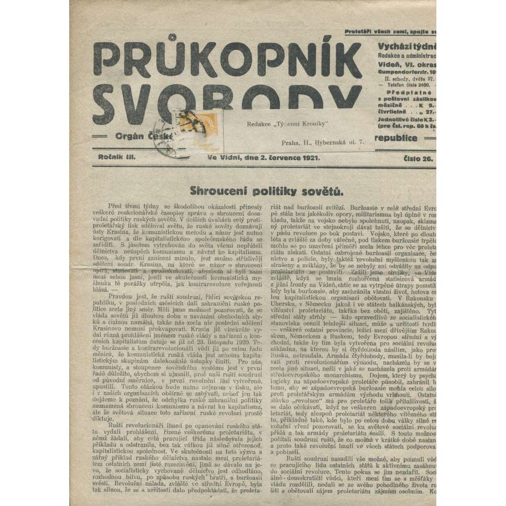 Průkopník svobody, ročník III., číslo 26/1921. Orgán české skupiny komunistické strany v Rakouské republice (1. republika, noviny)