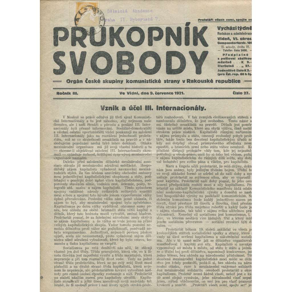 Průkopník svobody, ročník III., číslo 27/1921. Orgán české skupiny komunistické strany v Rakouské republice (1. republika, noviny)