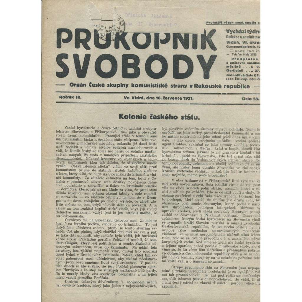 Průkopník svobody, ročník III., číslo 28/1921. Orgán české skupiny komunistické strany v Rakouské republice (1. republika, noviny)