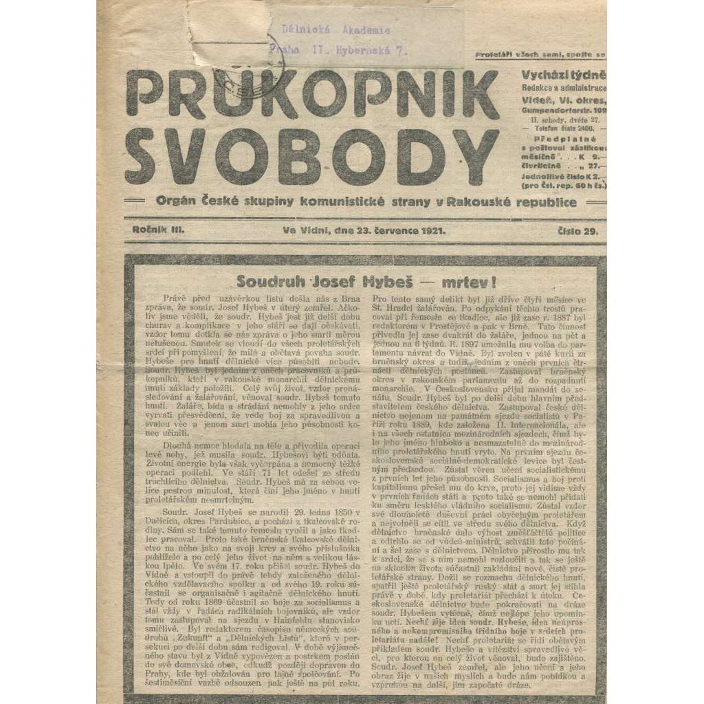 Průkopník svobody, ročník III., číslo 29/1921. Orgán české skupiny komunistické strany v Rakouské republice (1. republika, noviny)