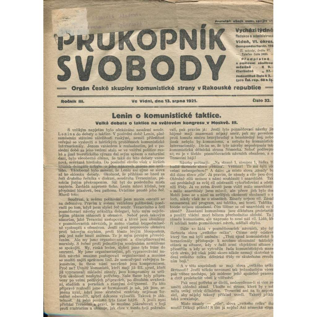 Průkopník svobody, ročník III., číslo 32/1921. Orgán české skupiny komunistické strany v Rakouské republice (1. republika, noviny)