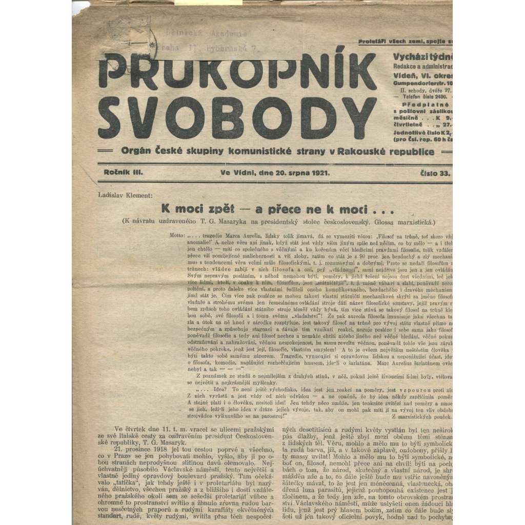 Průkopník svobody, ročník III., číslo 33/1921. Orgán české skupiny komunistické strany v Rakouské republice (1. republika, noviny)