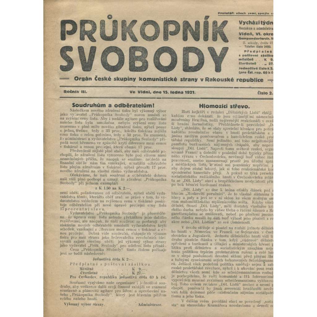 Průkopník svobody, ročník III., číslo 2/1921. Orgán české skupiny komunistické strany v Rakouské republice (1. republika, noviny)