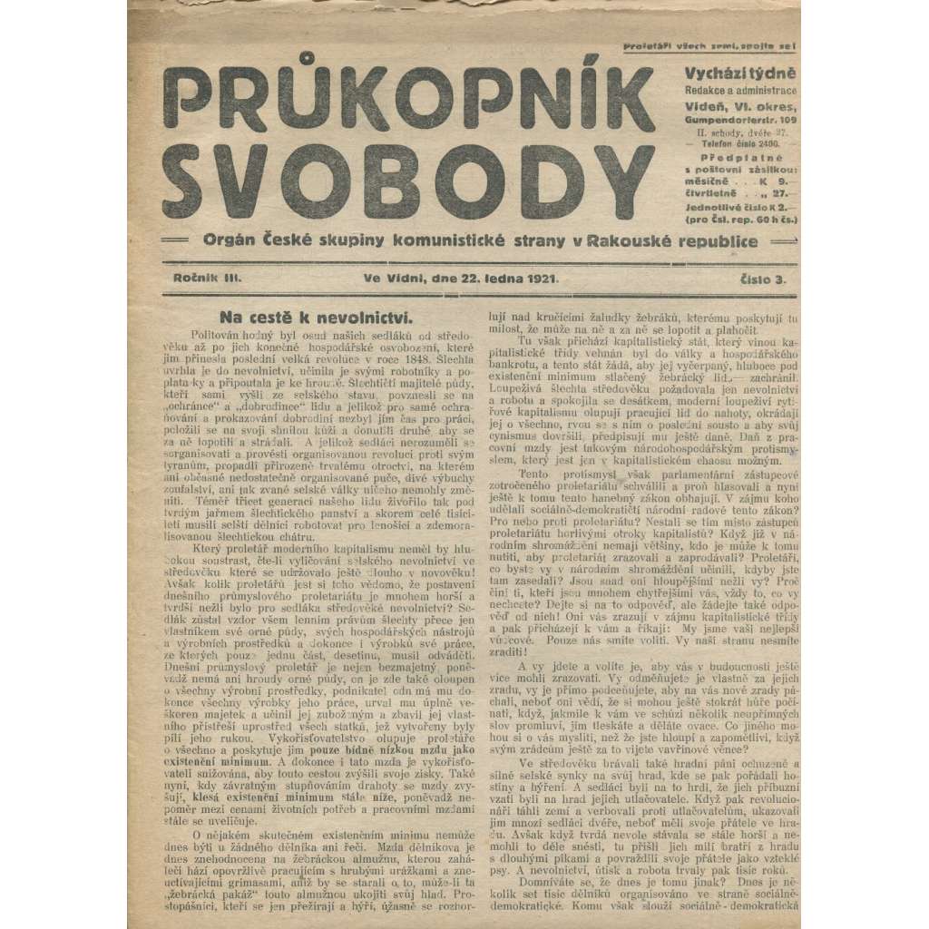 Průkopník svobody, ročník III., číslo 3/1921. Orgán české skupiny komunistické strany v Rakouské republice (1. republika, noviny)