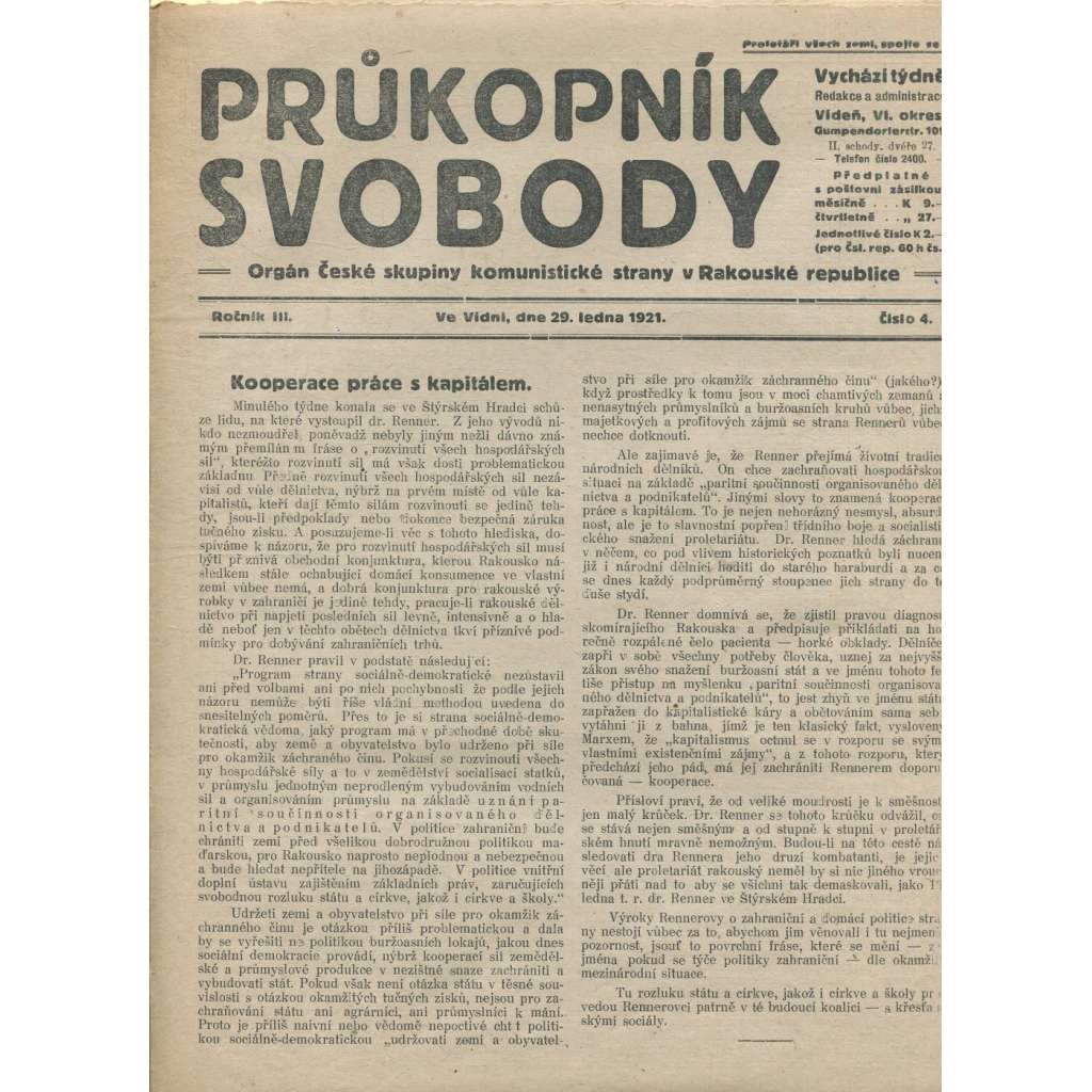 Průkopník svobody, ročník III., číslo 4/1921. Orgán české skupiny komunistické strany v Rakouské republice (1. republika, noviny)