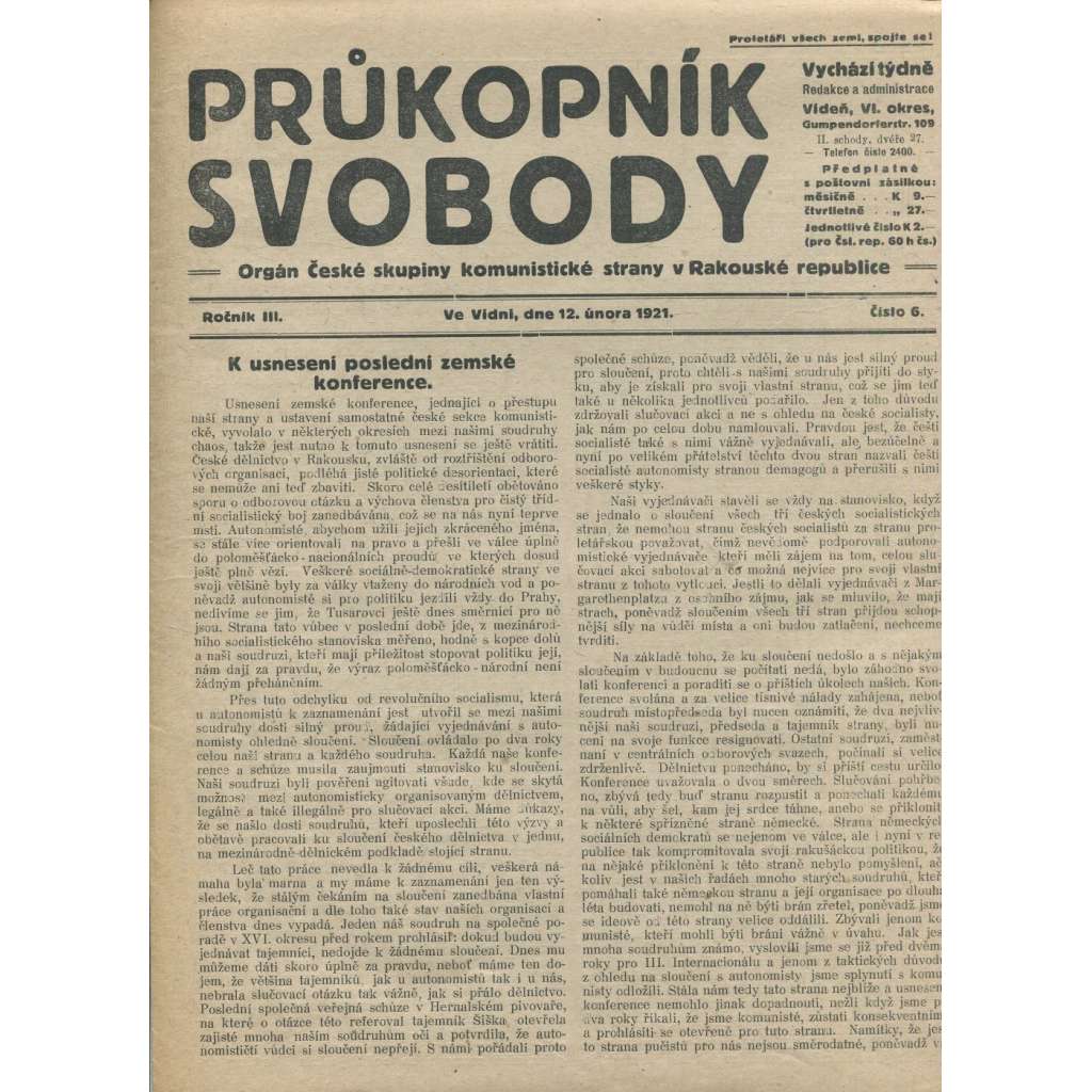 Průkopník svobody, ročník III., číslo 6/1921. Orgán české skupiny komunistické strany v Rakouské republice (1. republika, noviny)