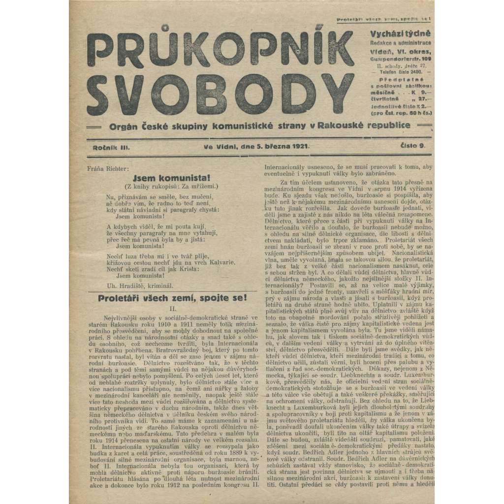 Průkopník svobody, ročník III., číslo 9/1921. Orgán české skupiny komunistické strany v Rakouské republice (1. republika, noviny)