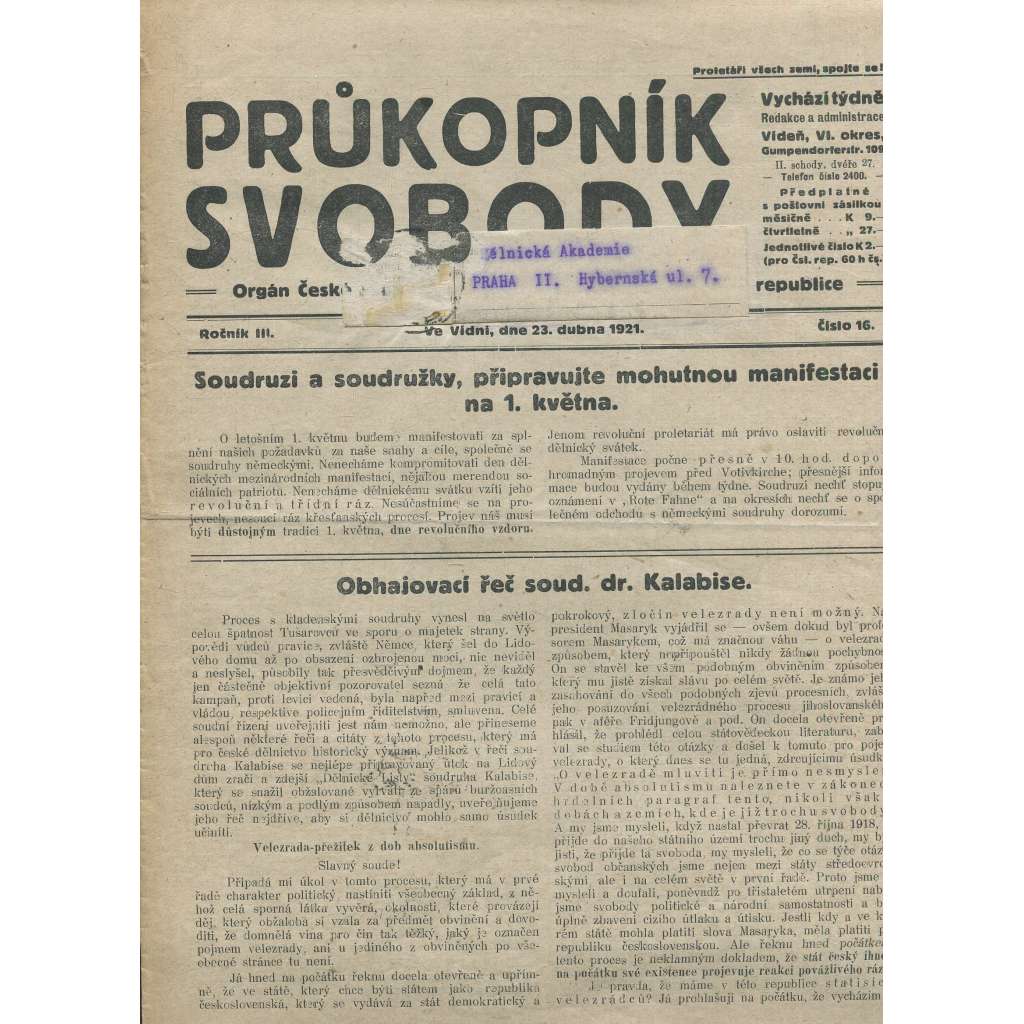 Průkopník svobody, ročník III., číslo 16/1921. Orgán české skupiny komunistické strany v Rakouské republice (1. republika, noviny)