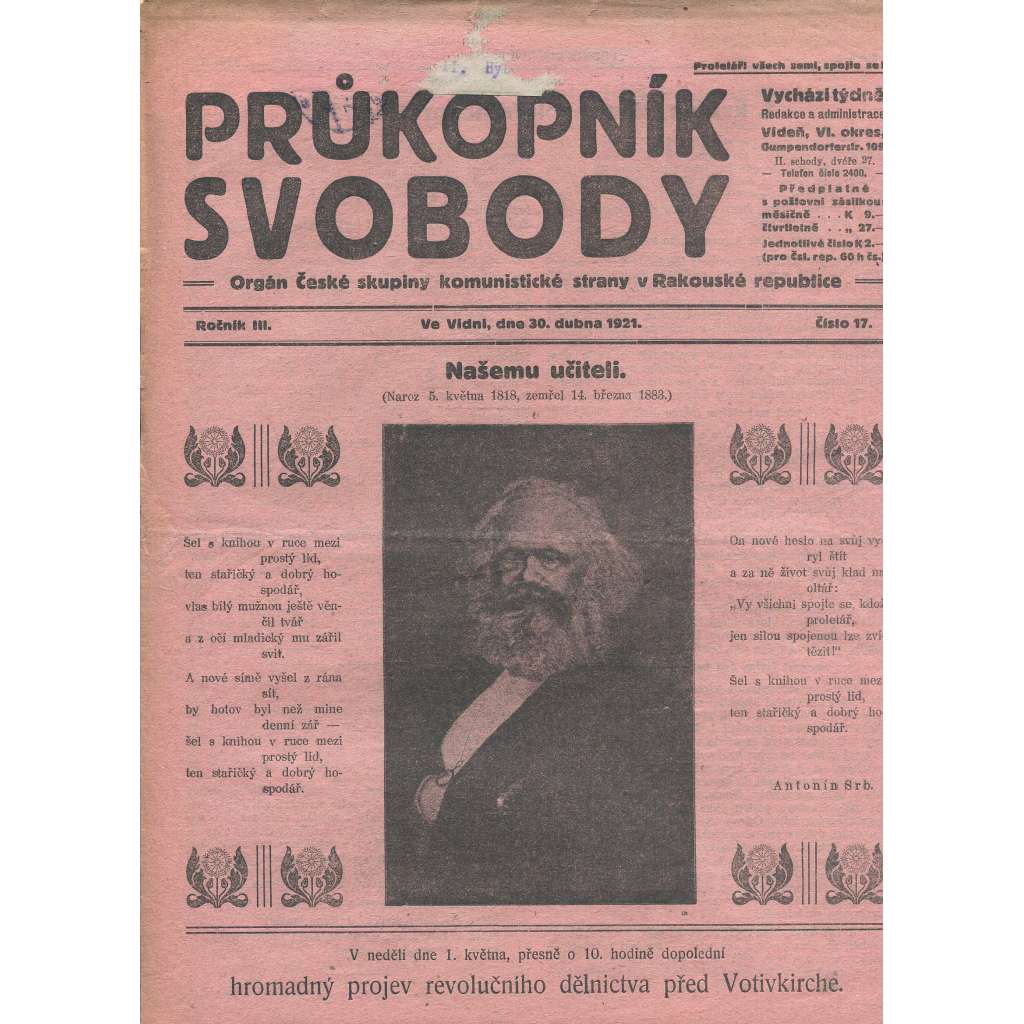Průkopník svobody, ročník III., číslo 17/1921. Orgán české skupiny komunistické strany v Rakouské republice (1. republika, noviny)