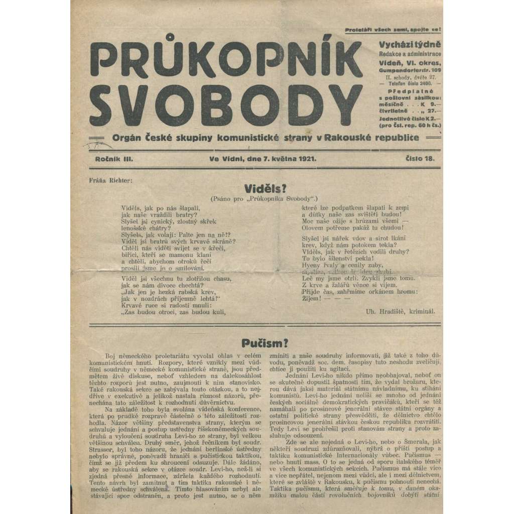 Průkopník svobody, ročník III., číslo 18/1921. Orgán české skupiny komunistické strany v Rakouské republice (1. republika, noviny)