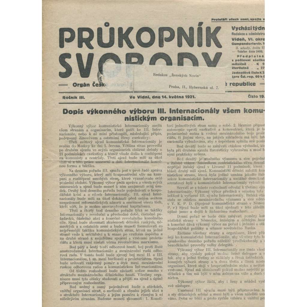 Průkopník svobody, ročník III., číslo 19/1921. Orgán české skupiny komunistické strany v Rakouské republice (1. republika, noviny)