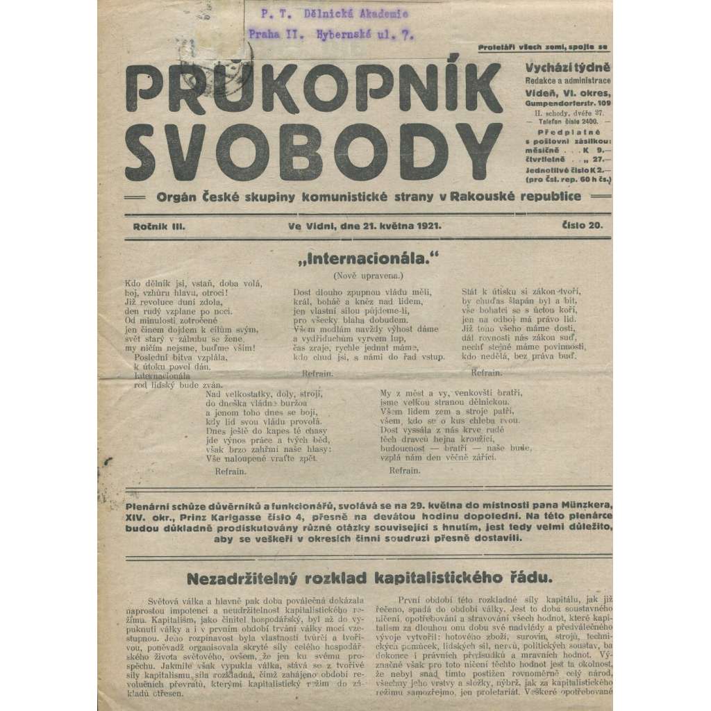 Průkopník svobody, ročník III., číslo 20/1921. Orgán české skupiny komunistické strany v Rakouské republice (1. republika, noviny)