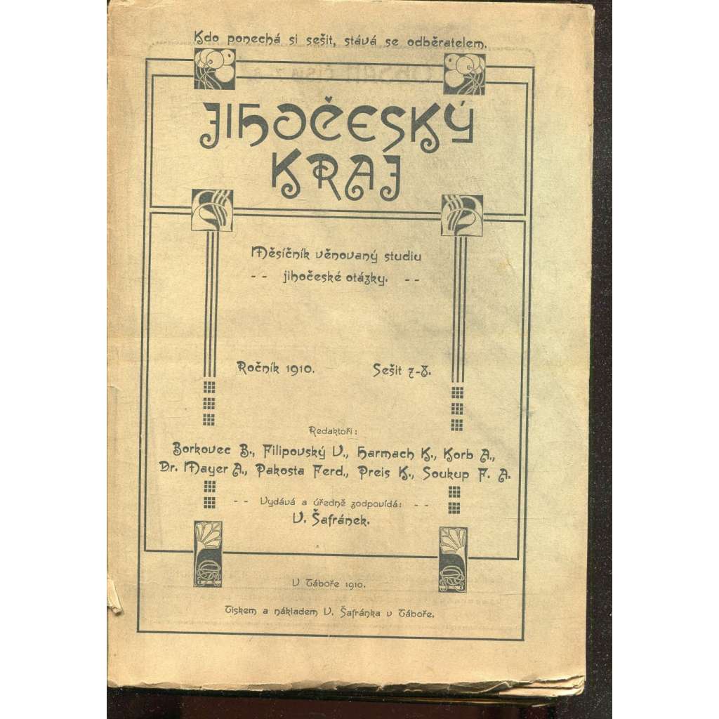 Jihočeský kraj, sešit 7-8/1910. Měsíčník věnovaný studiu jihočeské otázky (časopis)
