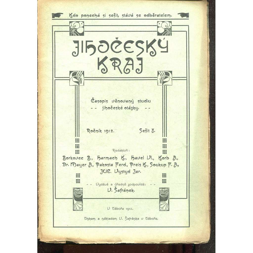Jihočeský kraj, sešit 8/1912. Měsíčník věnovaný studiu jihočeské otázky (časopis)