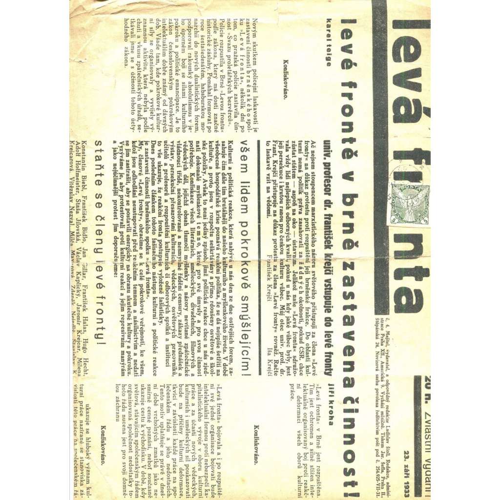 Levá fronta (23.9. 1933) - staré noviny, 1. republika (pošk.)