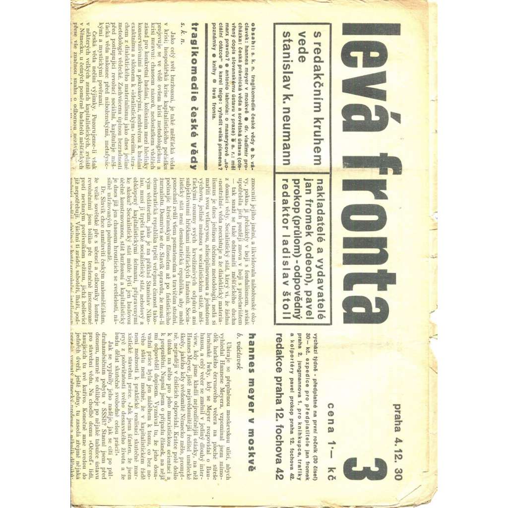 Levá fronta, číslo 3. (4.12. 1930) - staré noviny, 1. republika