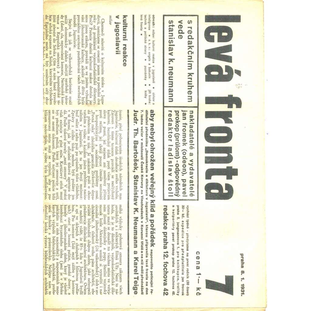 Levá fronta, číslo 7. (8.1. 1931) - staré noviny, 1. republika