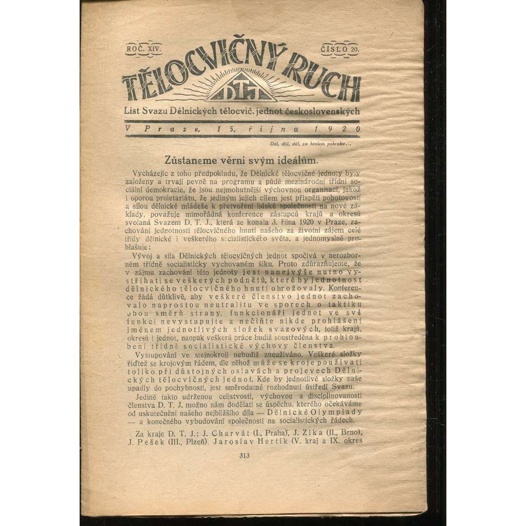 Tělocvičný ruch, Ročník XIV., číslo 20/1920. List svazu dělnických tělocvičných jednot československých (1. republika, staré noviny)