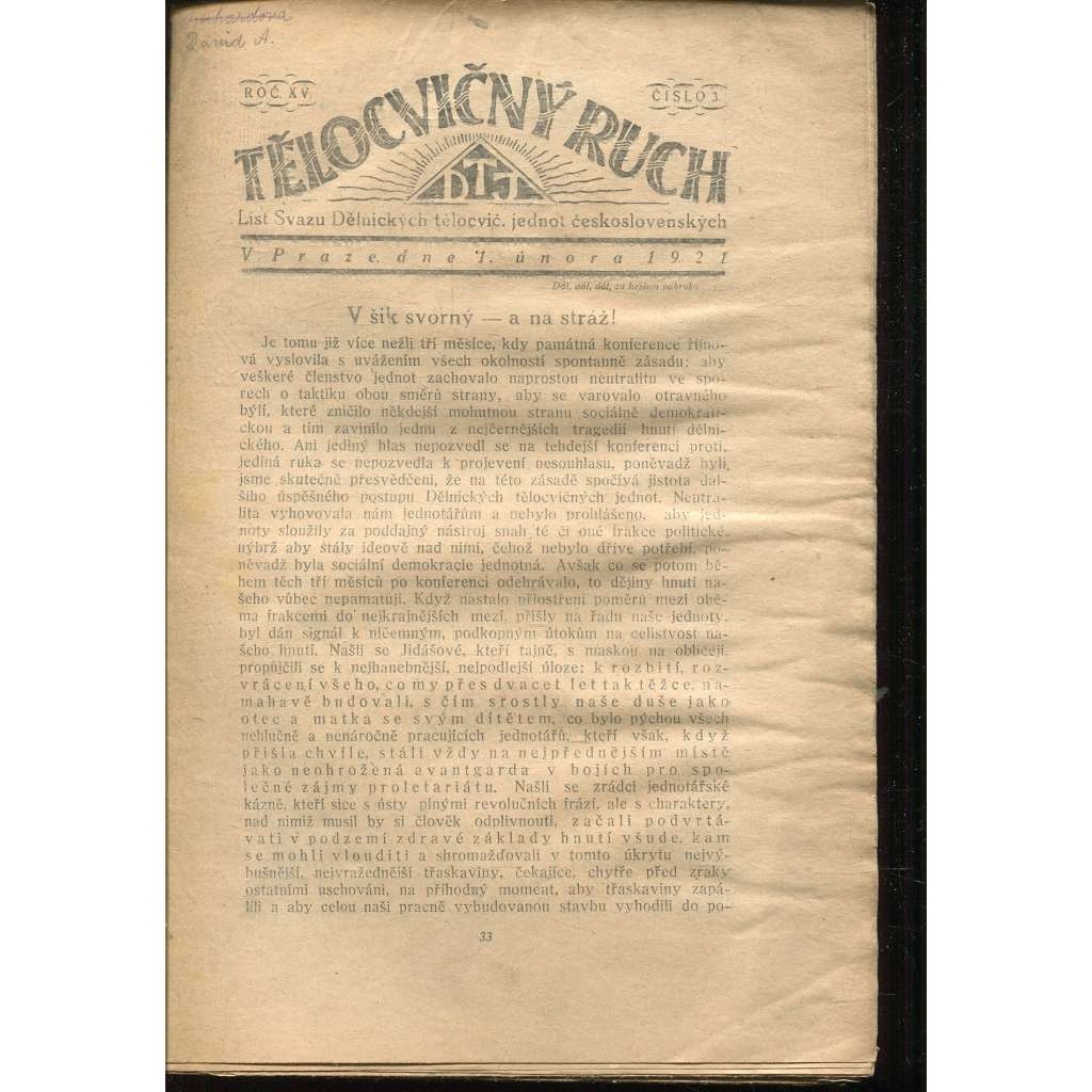 Tělocvičný ruch, Ročník XV., číslo 3/1921. List svazu dělnických tělocvičných jednot československých (1. republika, staré noviny)