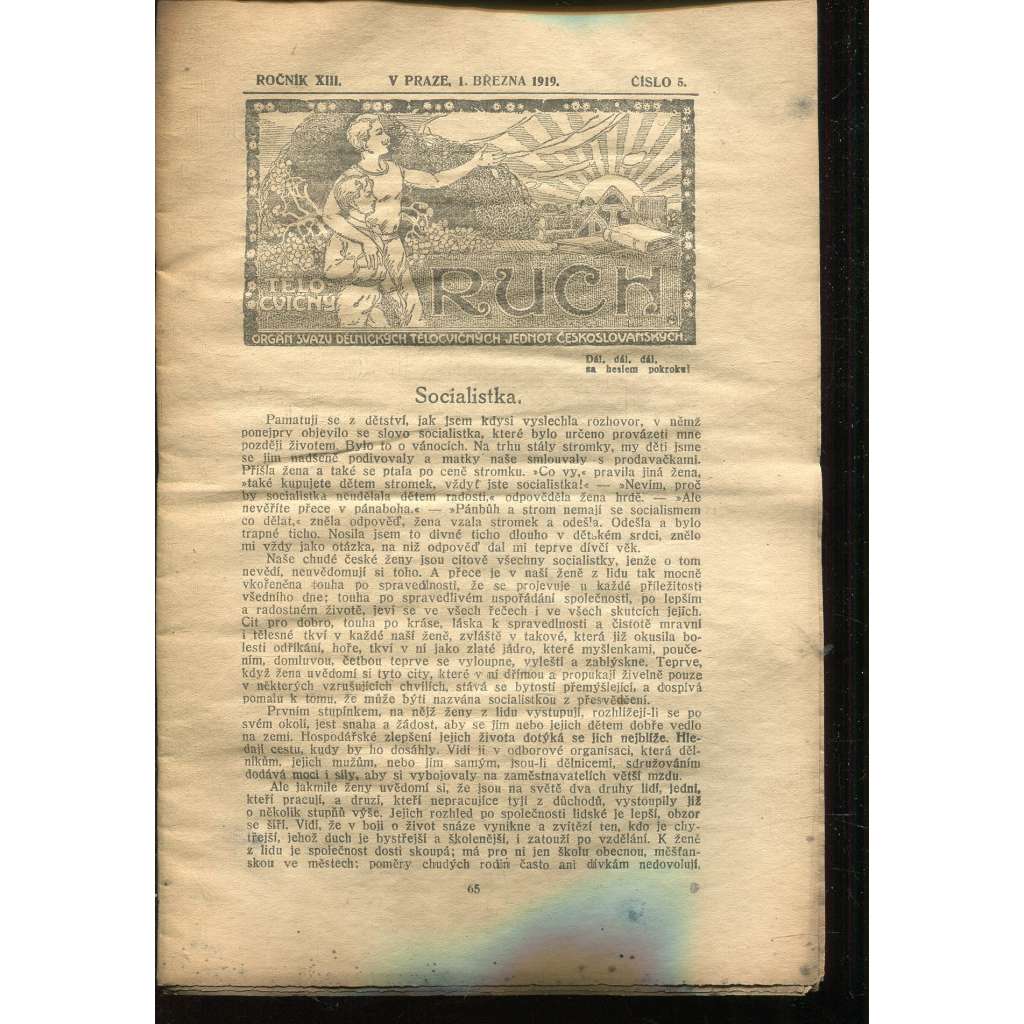 Tělocvičný ruch, Ročník XIII., číslo 5/1919. Orgán svazu dělnických tělocvičných jednot českoslovanských (1. republika, staré noviny)