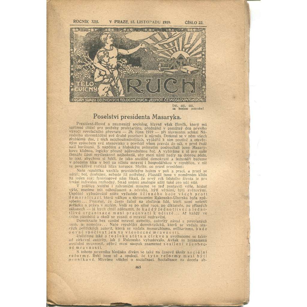 Tělocvičný ruch. Ročník XIII., číslo 22/1919. Orgán svazu dělnických tělocvičných jednot českoslovanských (1. republika, staré noviny)